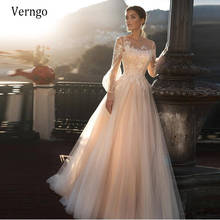 Verngo Modest Light Champagne Tulle A Line Prom Dresses Long Sleeves Lace Applique Sheer O Neck Floor Length 2021 Bride Gowns 2024 - buy cheap