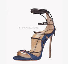 Woman Stiletto Heel Lace-up Denim Sandals Fashion Peep Toe High Heels Pumps Jean Shoes Lady Large Size Banquet Shoes Dropship 2024 - buy cheap