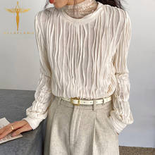 Camiseta Vintage de manga larga con cuello redondo para mujer, ropa informal plisada, cómoda, coreana 2024 - compra barato