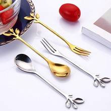 Stainless Steel Leaf Coffee Cake Spoon Fork Dessert Spoons Stirring Teaspoon Set 5Spoon 5Forks 2024 - buy cheap