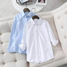 Camisa feminina branca 100% algodão azul, blusa feminina manga comprida, roupa esportiva de alta qualidade primavera outono 2021 2024 - compre barato