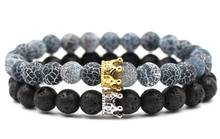 8mm 2PCS/Set hf23 elastic adjusted nature black stone volcanic lava bead micro pave cz zircon cubic zirconia Crown Bracelet 2024 - buy cheap