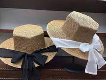 New Fashion Octagon Black And White Silk Ribbon Women Summer Beach Romance Wide Brim Panama Raffia Straw Hats 2024 - buy cheap