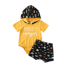 Conjunto de ropa informal para niños y niñas, Pelele con capucha y pantalones cortos con estampado de letras HAPPY camper, de 0 a 24 meses, Verano 2024 - compra barato