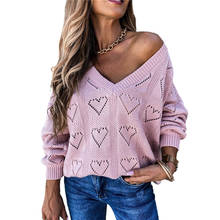 Suéter feminino de malha com gola v, blusão elegante de manga longa para outono e inverno 2020 2024 - compre barato