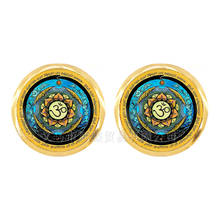 Brincos sagrados geométricos da moda para mulheres e meninas, imagem de mandala 12mm, cabochão dourado 2024 - compre barato