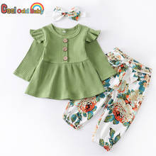 Комплект одежды для новорожденных девочек из 3 предметов, осенний наряд для малышей, хлопковые топы с длинным рукавом и зеленые штаны с цветами, повязка на голову, костюм одежды для младенцев 2024 - купить недорого