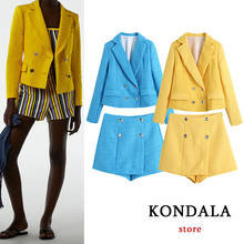 Kondala-blazer unicolor amarelo feminino, jaqueta longa, elegante, para escritório, 2021, abotoaduras duplas, gola em v 2024 - compre barato