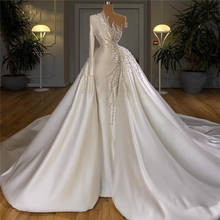 Женское атласное платье с длинным рукавом, элегантное ТРАПЕЦИЕВИДНОЕ ПЛАТЬЕ со съемным шлейфом, расшитое бисером, на одно плечо, платье невесты, 2021 2024 - купить недорого