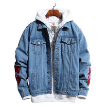 Men's Red Rose Embroidery Blue Denim Jacket Trendy Loose Jean Coat Embroidered Outerwear 2024 - buy cheap