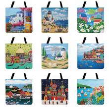 Mediterranean Style Oil Paintig Print Tote Bag For Women Casual Tote Ladies Shoulder Bag Reusable Shopping Bag Outdoor Beach Bag 2024 - buy cheap