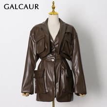 GALCAUR Brown Blazers For Women Notched Collar Long Sleeve Patchwork Pockets Lace Up High Street Coats Female 2020 Fall Clothing 2024 - buy cheap