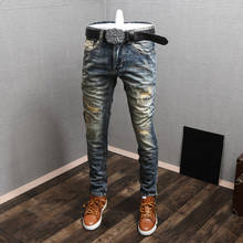 Streetwear moda masculina calças de brim de alta qualidade fino ajuste destruído rasgado jeans masculino retro azul remendos designer hip hop calças de brim 2024 - compre barato