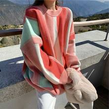Пуловер HSTAR Женский, теплый, с длинным рукавом, с круглым вырезом, в полоску, оверсайз, Осень-зима 2020 2024 - купить недорого