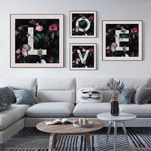 Pintura em tela moderna nórdica com letras de amor e flores, posteres e impressões, imagem de arte de parede para decoração de casa, sala de estar 2024 - compre barato