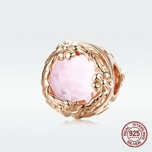 Cuentas redondas de cristal rosa para mujer, accesorio de Plata de Ley 925 100% Original, abalorio de Flor de Oro rosa, apto para brazalete, fabricación de joyería fina 2024 - compra barato