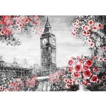 Yutrajom decoração para casa com mosaico 5d, mosaico completo, bordado, paisagem, relógio, torre de londres, flor rosa vermelha, pintura por número 2024 - compre barato