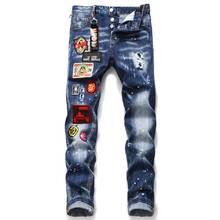 Men Brand European American Style Blue Jeans Pants Men Slim Jeans Patchwork Letter Moto & Biker Jeans Pants Pencil Pants Jeans 2024 - buy cheap