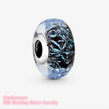 Summer 100% 925 Sterling Silver Wavy Dark Blue Murano Glass Ocean Charm beads Fits Original Pandora bracelets Jewelry 2024 - buy cheap