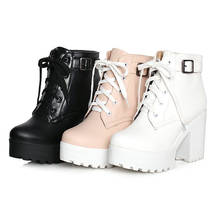 Spring Autumn Fashion Women Boots Square High Heels Platform Buckle Lace Up Pu Short Booties Winter Ladies Shoes 2021 White 2024 - buy cheap