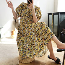 Женское платье с V-образным вырезом, желтое длинное платье в Корейском стиле с пышными рукавами и цветочным принтом, элегантное платье-макси в стиле бохо, лето 2021 2024 - купить недорого