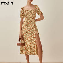 2021 Women Summer Vintage Elegant Floral Print Midi Dress Fashion Square Collar Short Sleeve Female Sexy Split Dresses Mujer 2024 - buy cheap