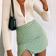 Chic plaid cut slit skirt women summer vintage cara mini skirt  new single cut high waist skirt with split bottoms 2024 - buy cheap