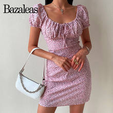 Bazaleas Slim women mini dress vestidos Vintage Pink Floral Print Beach Dress Holiday Center Bow Summer dress 2024 - buy cheap
