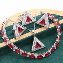 Conjunto de joias geométricas vermelhas e com pingente, prata, para mulheres, pulseira, brincos, colar, jóias, conjunto feminino, 2021 2024 - compre barato