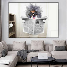 Quadro de pintura de tela para escrita divertido cachorro banheiro leitura jornal imagens de animais arte pôsteres de pintura e impressões mural imagens decoração de casa quadros 2024 - compre barato