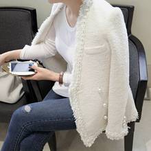 Abrigo de Tweed blanco para mujer, chaqueta de Cachemira de lana de manga larga, con borlas y botones de perlas, elegante, otoño e invierno, 2020 2024 - compra barato