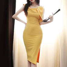 Vestido de tubo coreano para mujer, Sexy, con cuello de barco, hombros inclinados, lazos, abertura, cintura alta, amarillo, para fiesta, 2021 2024 - compra barato