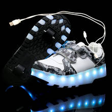 Детские светящиеся кроссовки с двумя черными колесами, светодиодсветильник обувь для роликовых коньков, зарядка через USB, для мальчиков и девочек 2024 - купить недорого