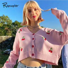 Rapcopter Sweet Embroidery Y2K Top Cardigans Long Sleeve Crop Top V Neck Sweaters Cute Knitwear Loose Knitted Tee Top Fall Tops 2024 - buy cheap