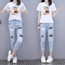 Women Summer Short Sleeve Clothing Set 2021 New Female Printed And Hole Jean Two Pieces Clothing Suit 2024 - buy cheap