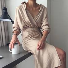 2020 Spring Summer Irregular Sexy Vintage Shirt Dress Women V-Neck Long Sleeve Solid Belt Dress Elegant Work Long Dresses Female 2024 - buy cheap