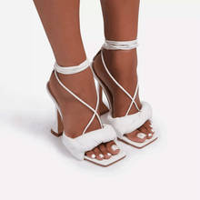 2021 новые женские босоножки на высоком каблуке, женская обувь, квадратный носок с поперечной шнуровкой Ремешок на щиколотке Летние босоножки женские сексуальные туфли для вечеринок 2024 - купить недорого