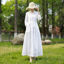 LZJN Women White Dress Vintage 2020 New Summer High Waist Belt Loose Elegant Wrist Sleeve Pockets Women Pure Cotton Maxi Dresses 2024 - buy cheap