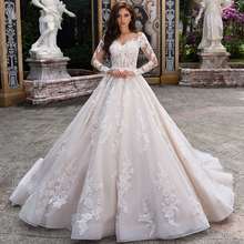 Vestido De Noiva Long Sleeve Vintage Wedding Dresses 2020 Appliques Button Court Train A Line Bridal Gown Plus Size 2024 - buy cheap