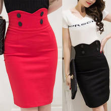 Faldas elásticas de cintura alta para mujer, faldas elegantes ajustadas de Color sólido, negro y rojo, con doble botón, con abertura trasera Sexy, 2021 2024 - compra barato