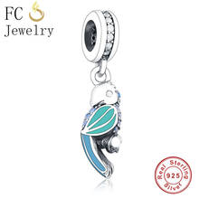 Fc jewelry pingentes originais para bracelete, pingentes de pássaros de prata 925, papagaio esmaltado e zircônio azul, contas de cristal 2024 - compre barato