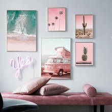 Pink Sky Beach Sea Cactus Car Landscape Wall Art Canvas Painting Nordic Posters And Prints Wall Pictures For Living Room Decor 2024 - buy cheap