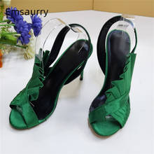 Green Satin Pleated Ruffles Runway Sandals Women 10cm Stiletto Heel Sewing Back Strap Open Toe Summer Shoes Woman 2024 - buy cheap