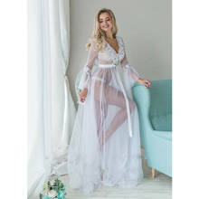 Sexy Women Lingerie Lace Sleepwear deep v-neck white long sleeve Babydoll See Through Ladies Floral Long Dress Ladies Nightskirt 2024 - buy cheap