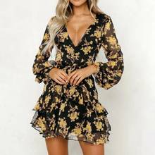 Summer Women Dress Floral Leaf Printed Lantern Sleeve Empire Dresses Ladies Beach Casual Mini Dress 2024 - buy cheap