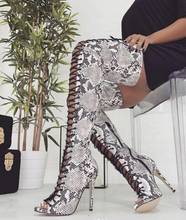 Moraima Snc Peep Toe Lace-up High Heel Boots Sexy Snakeskin Leather Thigh High Boots Woman Thin Heels Over the Knee Boots 2024 - buy cheap