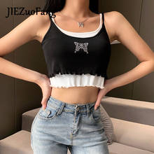 JIEZuoFang Gothic Style 2020 Tops Sexy Women T-shirt Black Sling Butterfly Print Slim Patchwork Girl Fashion Popular T-Shirts 2024 - buy cheap