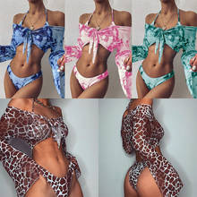 2021 Low Waist Print Women Bikini Set 3 pcs Backless Bikinis Sexy Leopard Swimsuit Lace up Female Summer Beach Tube top Swimwear 2024 - buy cheap