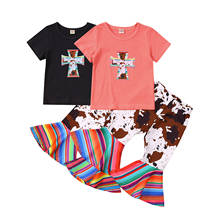Conjunto blusa e calça feminina para crianças 2 peças manga curta estampa cruzada + calças estilo flare 2024 - compre barato