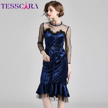 TESSCARA Women Elegant Velvet Dress Festa Female Mesh Designer Wedding Party Vestidos High Quality Vintage Sexy Lace Blue Robe 2024 - buy cheap